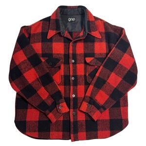VINTAGE 70's 80's Gap Shirt Jacket Mens XL Red Black Buffalo Plaid Check Wool